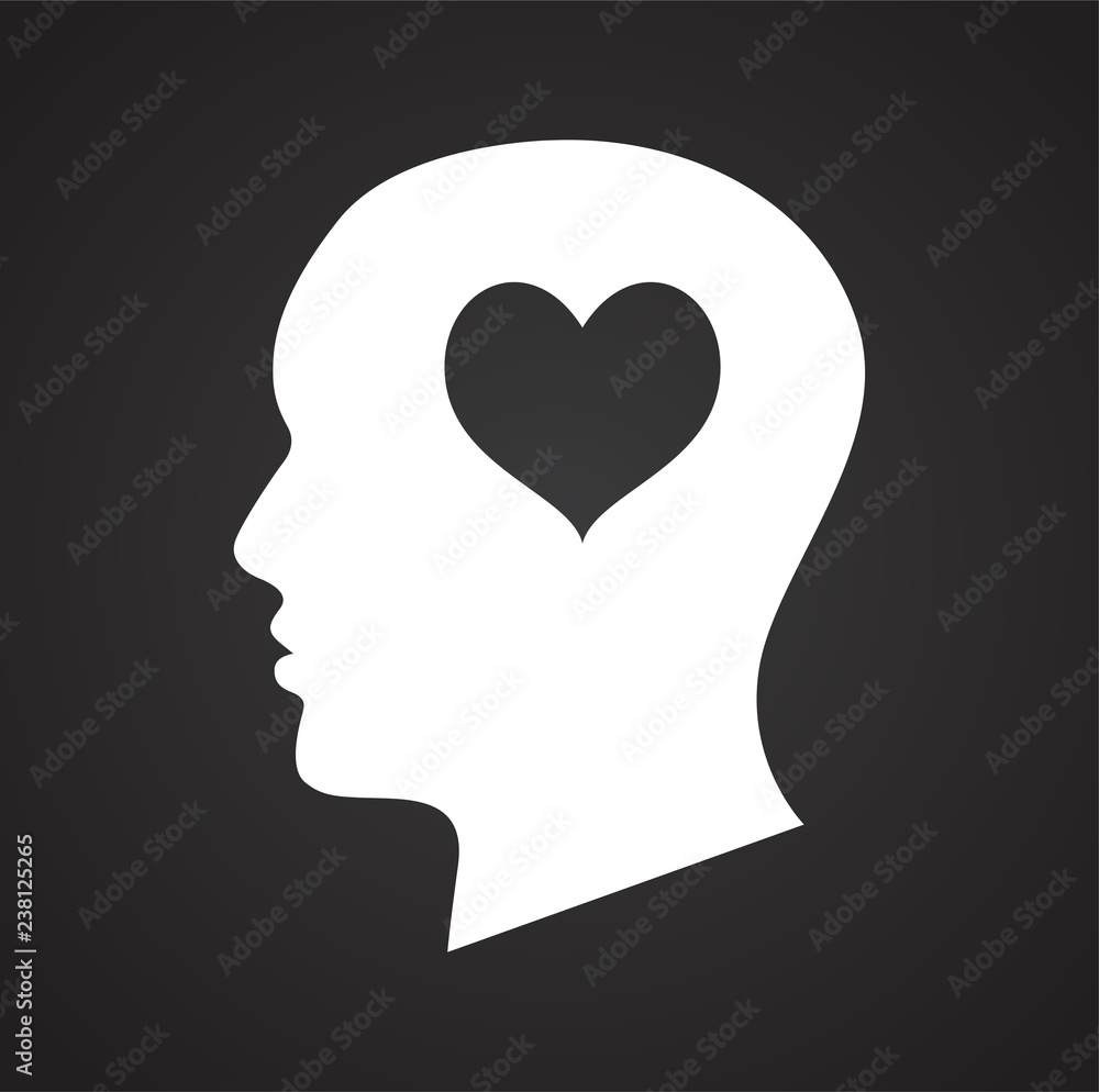 Human head with heart icon on black background for graphic and web design, Modern simple vector sign. Internet concept. Trendy symbol for website design web button or mobile app Human head with heart icon on black background for graphic and web design, Modern simple vector sign. Internet concept. Trendy symbol for website design web button or mobile app