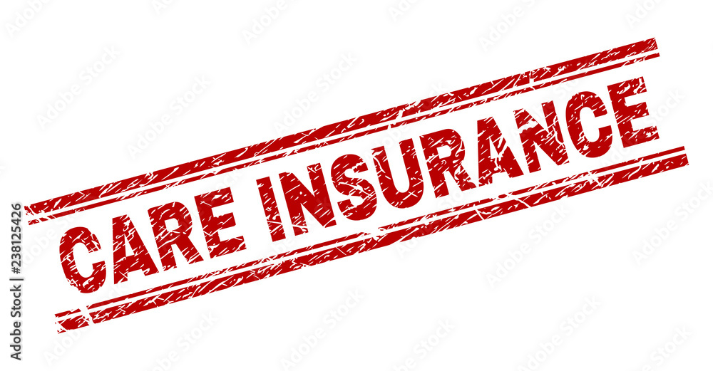 CARE INSURANCE seal watermark with distress texture. Red vector rubber print of CARE INSURANCE text with retro texture. Text title is placed between double parallel lines. CARE INSURANCE seal watermark with distress texture. Red vector rubber print of CARE INSURANCE text with retro texture. Text title is placed between double parallel lines.