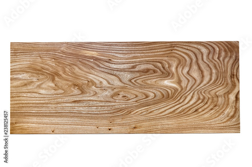 Slab table top of elm isolated on white background. Woodworking and carpentry production. photo