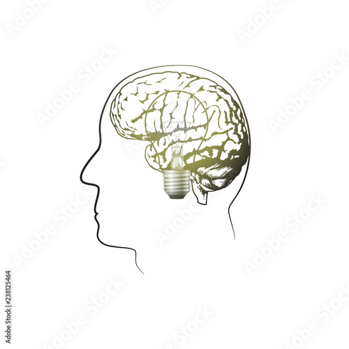 Glowing lamp in the brain. Black lines, white background. Vector illustration.