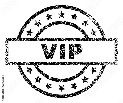 VIP stamp seal watermark with distress style. Designed with rectangle, circles and stars. Black vector rubber print of VIP title with unclean texture.