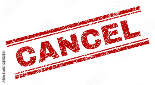 CANCEL seal imprint with corroded texture. Red vector rubber print of CANCEL caption with scratched texture. Text caption is placed between double parallel lines.