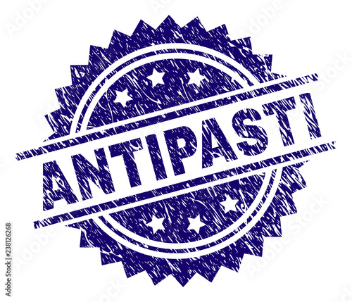 ANTIPASTI stamp seal watermark with distress style. Blue vector rubber print of ANTIPASTI caption with scratched texture.