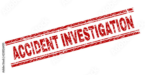 ACCIDENT INVESTIGATION seal watermark with distress texture. Red vector rubber print of ACCIDENT INVESTIGATION text with grunge texture. Text label is placed between double parallel lines.