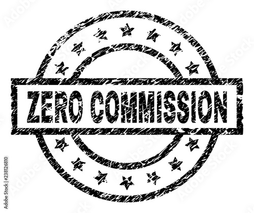 ZERO COMMISSION stamp seal watermark with distress style. Designed with rectangle, circles and stars. Black vector rubber print of ZERO COMMISSION caption with dust texture. photo