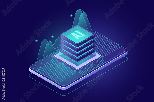 microchip on screen of mobile phone, programming microcontroller concept, artificial intelligence ai icon, smartphone application, big data processing 3d vector dark photo