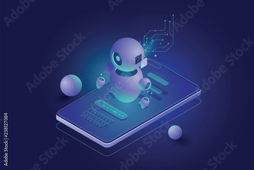 Chatbot concept, personal helper, machine learning, Isometric artificial intelligence, digital marketing dark neon vector