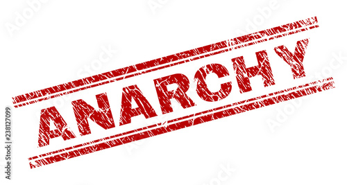 ANARCHY seal print with distress texture. Red vector rubber print of ANARCHY caption with scratched texture. Text caption is placed between double parallel lines.