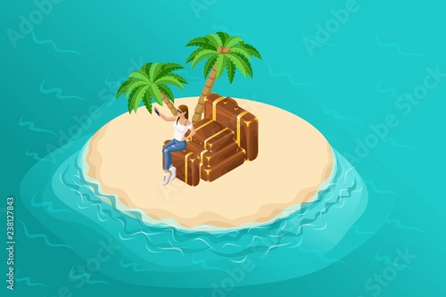 Isometry is a paradise island in the middle of the ocean, a beautiful girl in jeans and sneakers on suitcases tropical palms. Set for vector illustrations