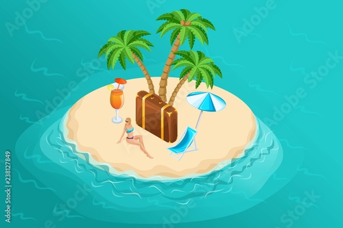 Isometric paradise island in the middle of the ocean, beautiful girl on the beach, tropical palm trees, cocktail, rest. Set for vector illustrations