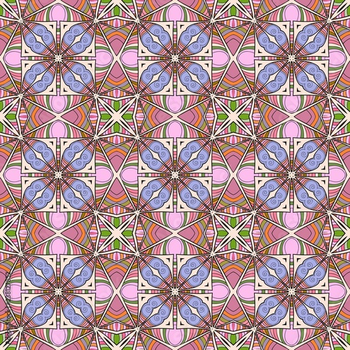 Seamless square pattern from circular abstract floral ornaments multicolored in pink and purple shades on a light background. Vector illustration. Suitable for fabric, wallpaper and wrapping paper