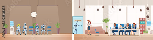 Job Interview Recruiting and Robots. Vector.