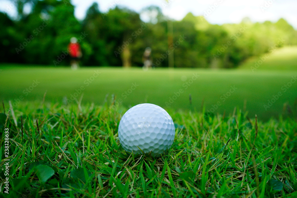 Obraz premium Golf ball on green in beautiful golf course at sunset background. Golf ball on green in golf course at Thailand