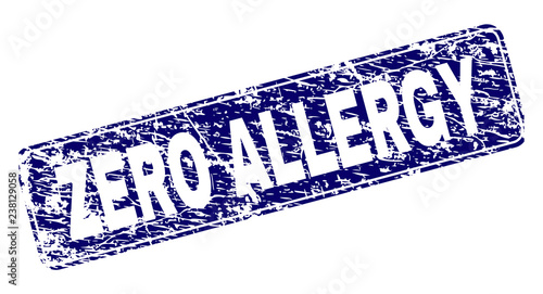 ZERO ALLERGY stamp seal print with grunge style. Seal shape is a rounded rectangle with frame. Blue vector rubber print of ZERO ALLERGY label with grunge style.