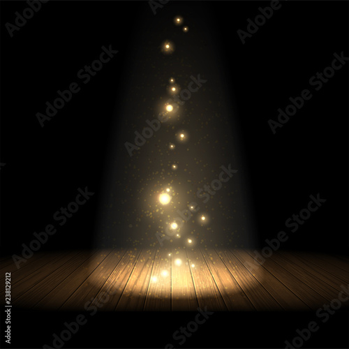 A spotlight illuminates a wooden stage. Transparent light with bright highlights.  Highly realistic illustration.