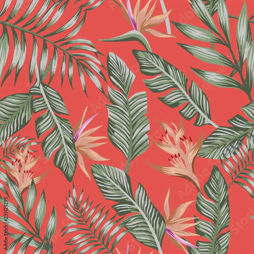 Green palm leaves brown tropical flowers seamless trendy coral background