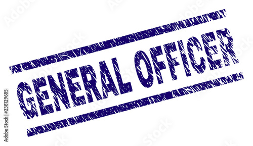 GENERAL OFFICER seal print with grunge style. Blue vector rubber print of GENERAL OFFICER caption with grunge texture. Text caption is placed between parallel lines.