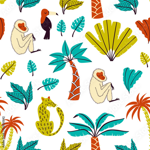 Cartoon Jungle Seamless Pattern with Abstract Leaves and Animals.  Vector Pattern.