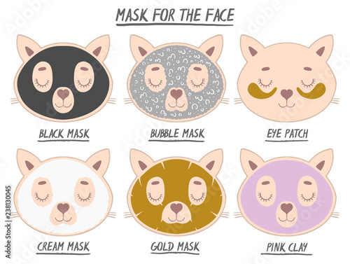 Set mask face beauty animal cat girl and women. Skin spa procedure, cosmetic clean. Head full face, cartoon style.