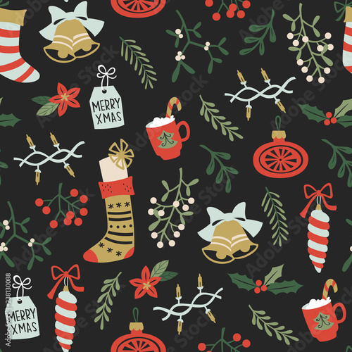 Seamless Winter Christmas Socks Pattern. Christmas Vector Doodle Illustration.