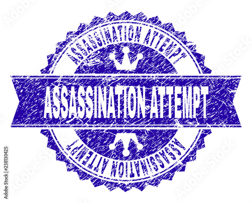 ASSASSINATION ATTEMPT rosette stamp imprint with grunge style. Designed with round rosette, ribbon and small crowns. Blue vector rubber print of ASSASSINATION ATTEMPT text with dirty style.