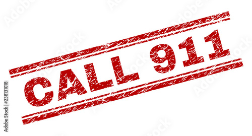CALL 911 seal print with grunge texture. Red vector rubber print of CALL 911 tag with grunge texture. Text tag is placed between double parallel lines.