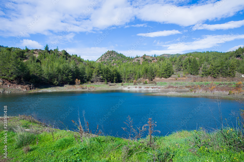 Big hills and blue lake. Travel photo 2018, december. Big hills and blue lake. Travel photo 2018, december.
