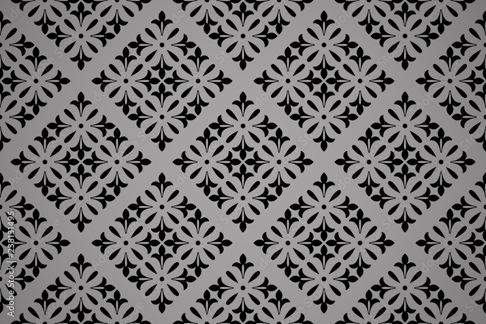 Flower geometric pattern. Seamless vector background. Black and grey ornament. Ornament for fabric, wallpaper, packaging, Decorative print Flower geometric pattern. Seamless vector background. Black and grey ornament. Ornament for fabric, wallpaper, packaging, Decorative print