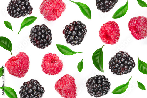 blackberry and raspberry with leaves isolated on white background. Top view. Flat lay pattern
