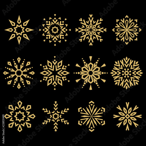 Snowflakes icon collection. Graphic modern gold ornament