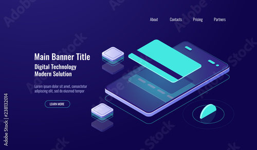 Online banking, payment mobile phone, isometric icon, credit card, money transfer concept, dark neon