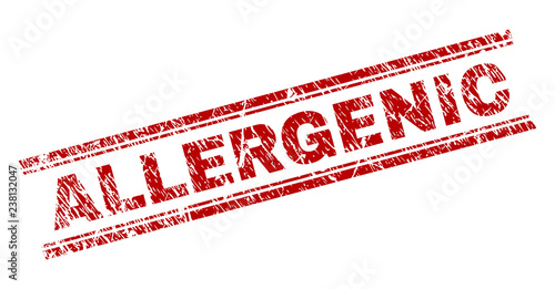 ALLERGENIC seal print with grunge texture. Red vector rubber print of ALLERGENIC title with unclean texture. Text caption is placed between double parallel lines.