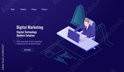 Accounting money management, digital marketing, man sit and work at the computer, analytics and statistics data graph dark neon