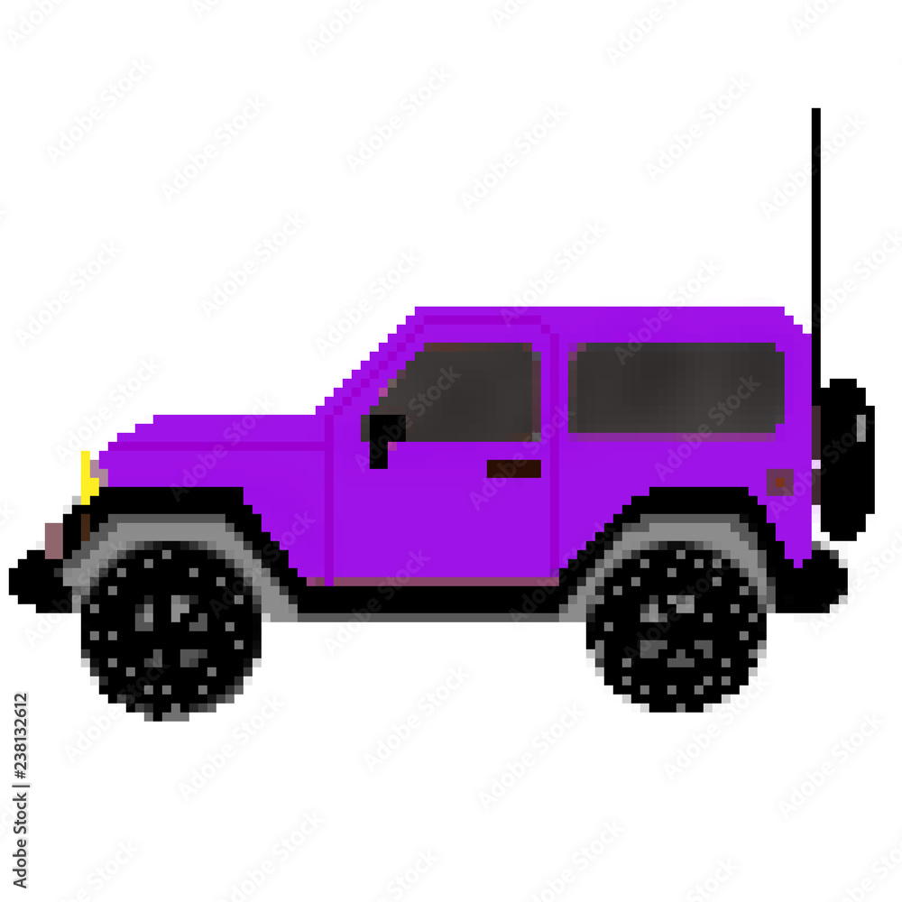 Pixel drawn 8 bit 2 door offroad vehicle with spare tire and antenna