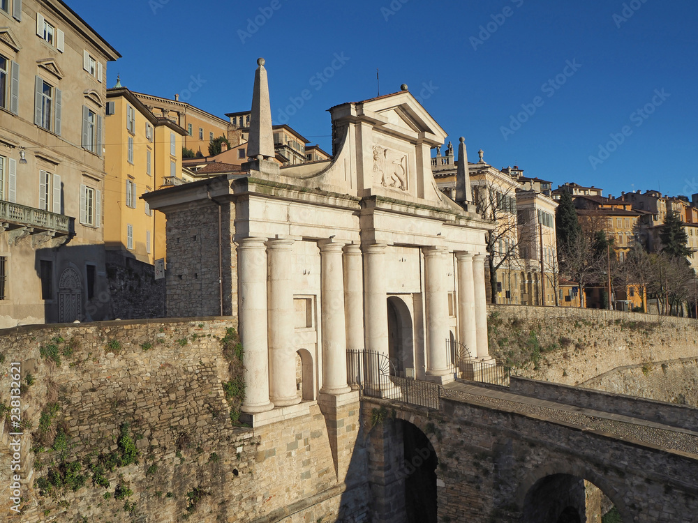 Bergamo, Italy. The old town. One of the beautiful city in Italy. Landscape at the old gate Porta San Giacomo