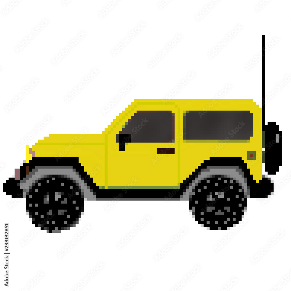 Pixel drawn 8 bit 2 door offroad vehicle with spare tire and antenna Pixel drawn 8 bit 2 door offroad vehicle with spare tire and antenna