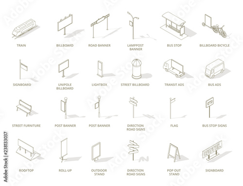 Outdoor out-of-home advertising media icons set. Isometric contour line one color.