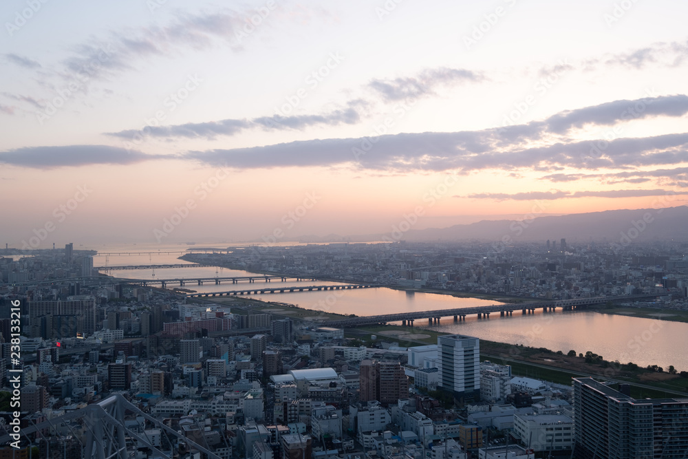 Aerial view of Osaka at sunset, Japan