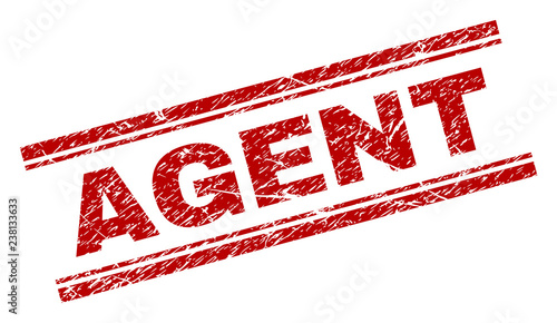 AGENT seal print with grunge texture. Red vector rubber print of AGENT caption with corroded texture. Text label is placed between double parallel lines.