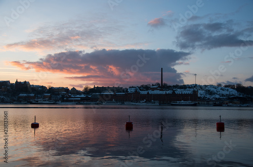 Color full morning winter view over lake Mälaren in Stockholm photo