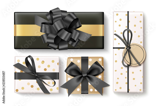 Decorative gift box with black bow for black friday sale design isolated on white. Vector New Year set. Top view