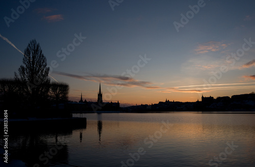 Color full morning winter view over lake Mälaren in Stockholm