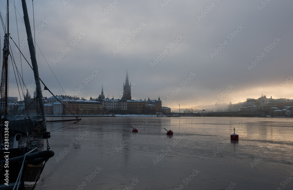 Color full morning winter view over lake Mälaren in Stockholm
