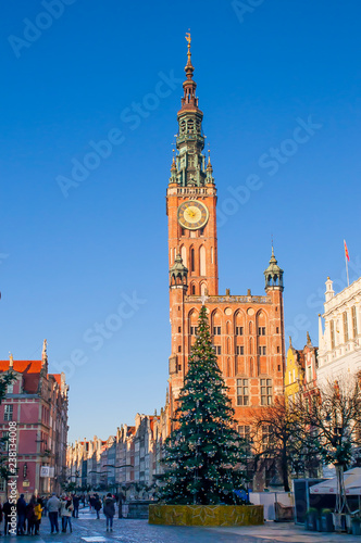 GDANSK, POLAND - DECEMBER 2, 2017: Gdansk old town with Christmas decorations , Poland. Baroque architecture of the Long Lane is one of the most notable tourist attractions of the city. City hall.