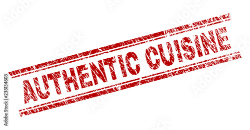 AUTHENTIC CUISINE seal print with grunge texture. Red vector rubber print of AUTHENTIC CUISINE title with grunge texture. Text label is placed between double parallel lines.
