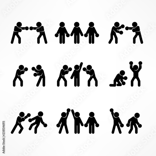 Boxing stick figures on white, boxer pictogram icon, for sport.
