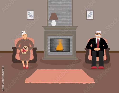 Couple elderly people is sitting by the fireplace in a beautiful cozy living room in brown and peach tones.Woman with a cute pug on her knees,a man in a suit sitting in a armchair.Vector illustration