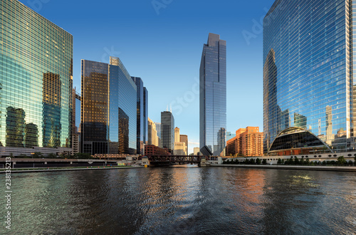 Panorama of Chicago downtown and Chicago River at sunset. Chicago  Illinois. 