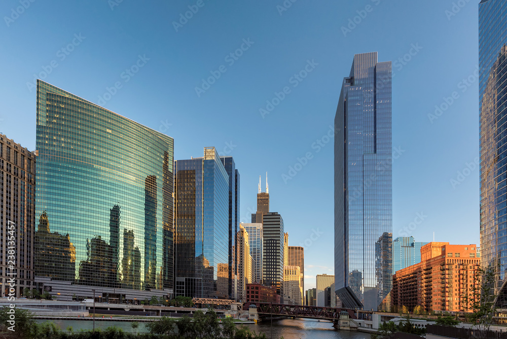 Chicago Skyline. Chicago downtown and Chicago River at sunset. Chicago, Illinois. 