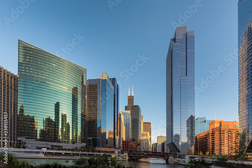 Chicago Skyline. Chicago downtown and Chicago River at sunset. Chicago  Illinois. 